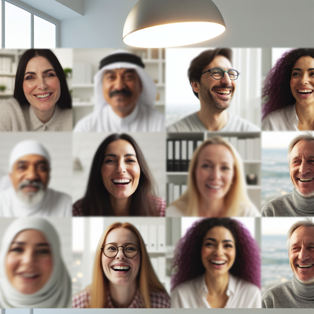 Personas sonriendo en videollamada internacional.